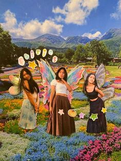 three women are standing in a field with flowers and butterflies