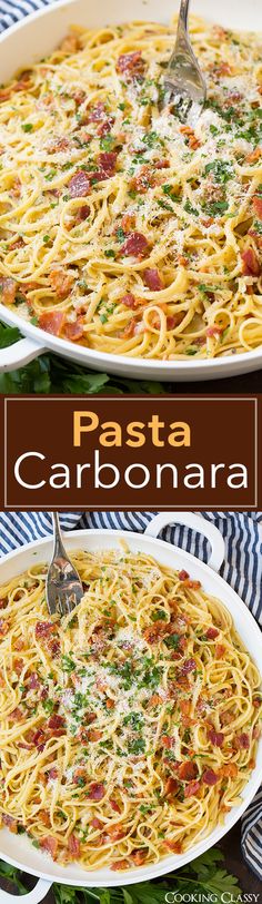 pasta carbonara with bacon and parmesan cheese in a white casserole dish