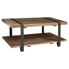 a wooden table with metal legs and a shelf on the bottom that has two shelves underneath it