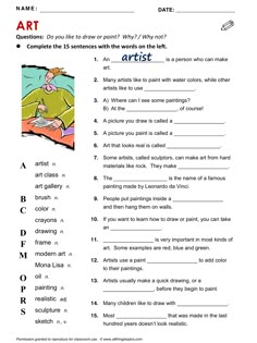 the worksheet for an art lesson with pictures and words on it, including