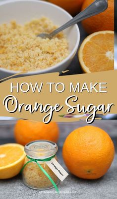 orange sugar in a bowl with a spoon, also in a jar with a tag and fresh oranges Citrus Canning Recipes, Homemade Flavored Salt Recipes, Orange Rinds Uses, Finishing Sugar Recipes, Citrus Salt Recipe, Orange Tea Recipe, Orange Extract Recipes