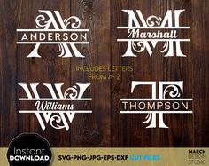 three different monograms with the names of each letter