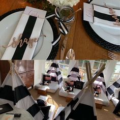 black and white striped napkins with the word bride written on them are sitting next to teepee tents