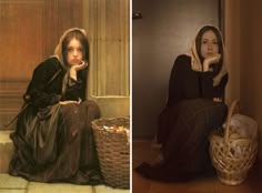 two pictures side by side, one with a woman sitting on the floor next to a basket