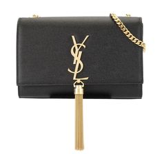 Saint Laurent gourmette chain shoulder bag with interlocking metal YSL signature and tassel. Grained leather Measurements: 7.8”x4.9”x2.0” Country of Origin: Made in Italy Ysl Kate Bag, Ysl Kate, Ysl Purse, Kate Bags, Monogram Neverfull, Tassel Bag, Leather Texture, Chain Shoulder Bag, New Yorker