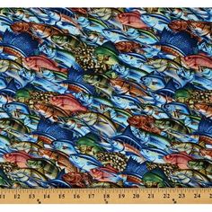 a blue and orange fish print on fabric with a ruler in front of the image