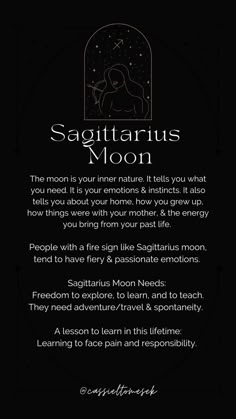 the zodiac sign for sagittarius moon is shown on a black background with gold lettering