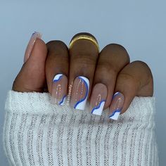 Nail Designs Atheistic, Acrylic Nails Summer 2024 Simple, Deep Blue And White Nails, Fake Nails Blue And White, Gel Nails For Holiday, Nail Design For Greece, Medium Length Summer Nails Acrylic, Cute Nails For Holiday, Nails For Any Occasion