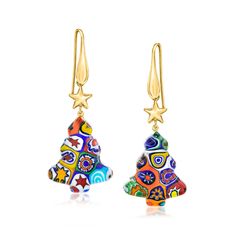 Ross-Simons - Italian Multicolored Murano Glass Millefiori Christmas Tree Drop Earrings, 18kt Yellow Gold Over Sterling. From Italy, these earrings are the perfect way to get into the Christmas spirit. The multicolored Murano glass Christmas tree drops are decked out in colorful millefiori patchwork, with 18kt yellow gold over sterling silver stars shining at the very top. Murano glass designs are unique and may vary. Hanging length is 2 1/8". Earwire, multicolored Murano glass millefiori Christ Traditional Murano Glass Jewelry Gift, Adjustable Gold Murano Glass Necklaces, Round Murano Glass Gold Jewelry, Elegant Gold Murano Glass Necklace, Elegant Gold Murano Glass Earrings, Glass Designs, Glass Christmas Tree, Holiday Jewelry, Christmas Earrings