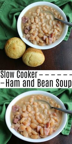 two bowls of slow cooker ham and bean soup