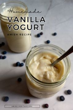 Two quart jars of yogurt and blueberries scattered around Homemade Flavored Yogurt, How To Make Vanilla Yogurt, Homemade Gogurts, Homemade Dairy Free Yogurt, Homemade Vanilla Yogurt