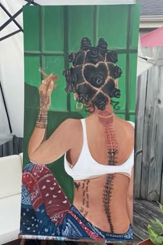 a painting of a woman with tattoos on her upper back and neck, sitting in front of a window