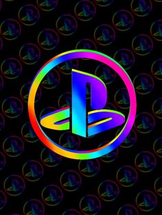 the playstation logo on a black background with multicolored circles and letters around it