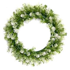 a green wreath with white flowers and greenery