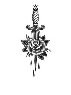 a black and white drawing of a dagger with roses