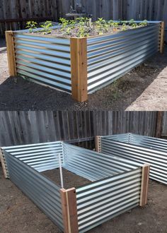 an outdoor raised garden bed made out of metal sheets and wood planks with plants growing in it