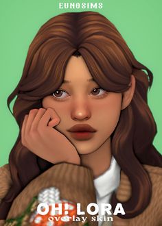 an animated image of a woman with long brown hair, wearing a sweater and holding her hand on her chins