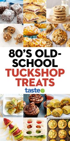 the cover of 80's old - school tuckshop treats, with images of pastries and desserts