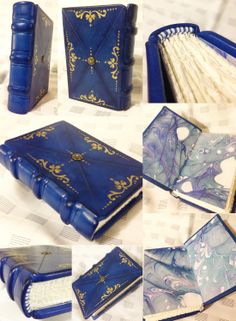 several pictures of different types of blue and white books with gold designs on the pages