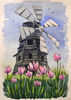 a painting of a windmill with tulips in the foreground