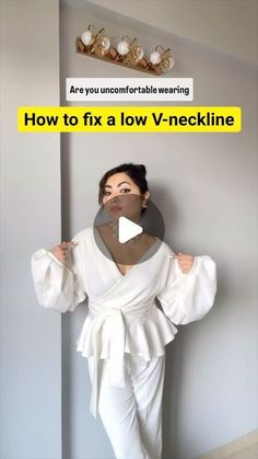 Fix A V Neck Too Low, V Neck Accessories Jewelry Neckline, Low Neckline Hacks, Fix Low Neckline, Clothing Hacks Fashion Tips And Tricks, Shawl Hacks, Blouse Hacks, Dress Hack, Clothes Tips