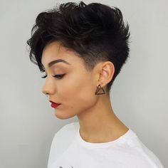 Wavy Tapered Brunette Pixie Womens Hair Shaved Sides, No Maintenance Short Hair For Women, Spunky Pixie Haircut, Unique Pixie Haircut, Short Pixie Long On Top, Pixie With Long Top, Short Haircut With Shaved Sides, Womens Mohawk Hairstyles, Punky Pixie Haircut