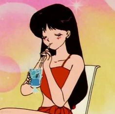 an animated image of a woman in a red dress drinking from a blue glass with bubbles around her