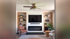 a living room with a ceiling fan and a flat screen tv mounted on the wall