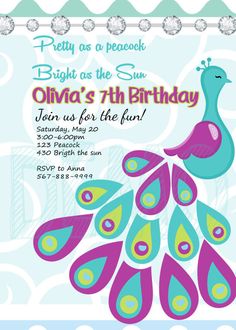 a birthday party card with a colorful peacock on it's back and the words bright as