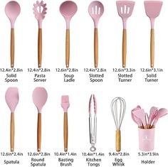 the kitchen utensils are labeled in different sizes and shapes, including spatulas