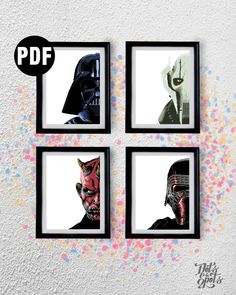 four star wars pictures hanging on the wall with confetti sprinkles around them