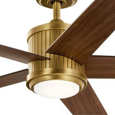 a ceiling fan with wooden blades and a light fixture