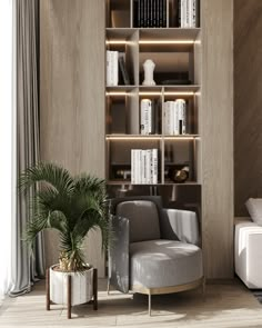 a living room with bookshelves and a chair next to a potted plant