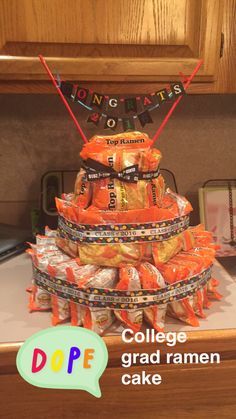 there is a cake made out of orange bags