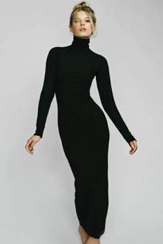 Cut from a butter soft ribbed cotton and modal blend, our maxi turtleneck dress is form-fitting, ultra flattering and lightweight. This maxi dress is the perfect day to night essential.Style with your favorite oversized blazer and a pair of knee high boots. Size & Fit Information Fits true to size, take your normal size Designed for a slim fit 47% Cotton 47% Modal 6% Spandex Model is 177 cm/5'10" and is wearing a size S Machine wash cold. Non-chlorine bleach. Tumble dry low. Cool iron. Do not dr Turtle Neck Dress Outfit, Black Turtleneck Dress, Long Sleeve Turtleneck Dress, Turtleneck Dress, Black Dress With Sleeves, Black Turtleneck, Long Sleeve Turtleneck, Turtle Neck Dress, Chic Dress