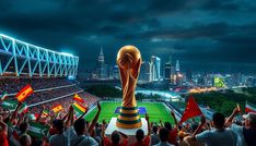 a group of people holding up flags in front of a soccer stadium