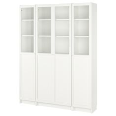 a white bookcase with glass doors on the front and bottom shelves, against a white background