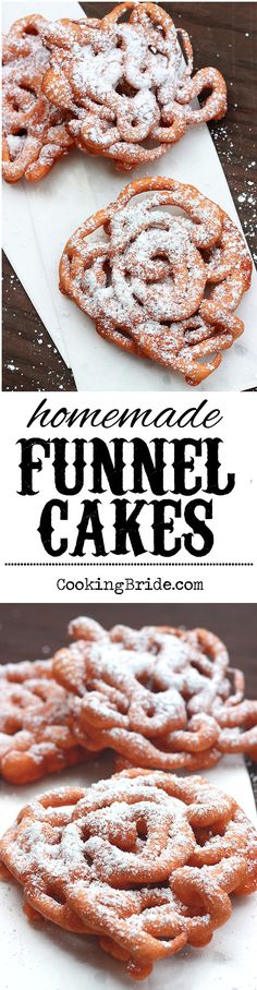 funnel cakes with powdered sugar on top and in the middle, sitting on white paper