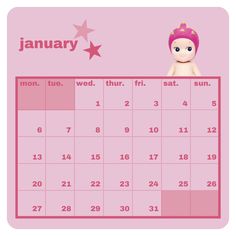 a pink calendar with an image of a baby doll on it's face and stars