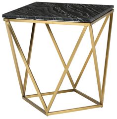 a black marble top side table with gold metal frame and square base, on an isolated white background