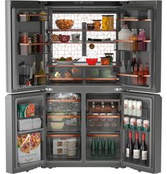 an open refrigerator filled with lots of food and drinks on top of it's doors