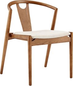 a wooden chair with a white cushion on the seat and armrests is shown