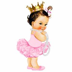 a baby girl wearing a pink dress and a crown on her head, standing in front of a white background