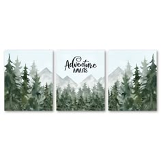 three canvases with trees and mountains in the background, one has an adventure written on it