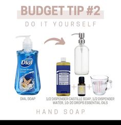 the ingredients for a diy hand soap are shown in this graphic above it's description