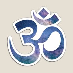 an om shan symbol with galaxy in the background and blue, purple, and white colors