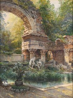 an oil painting of horses and riders in a garden by a fountain with stone arches