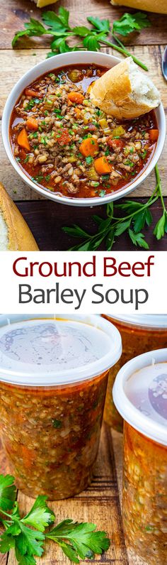 a bowl of ground beef barley soup with bread on the side