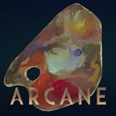 the word arcane written in gold lettering with an image of a bird's head