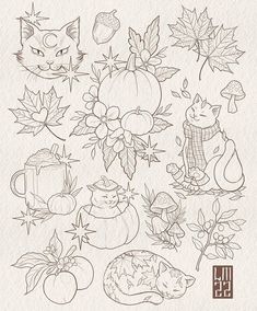 a drawing of autumn leaves, pumpkins and cats